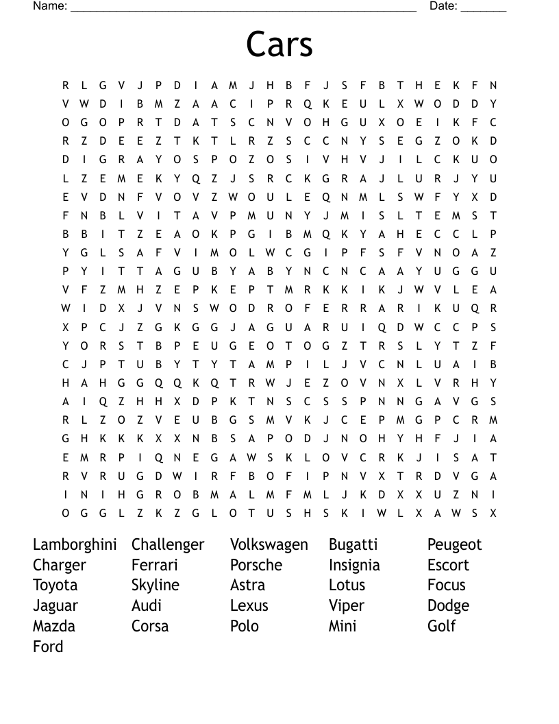 Cars Word Search