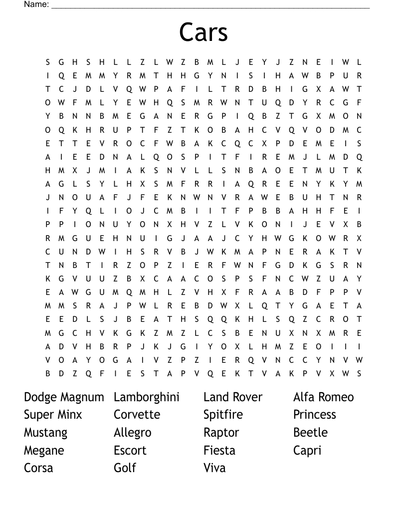 Cars Word Search