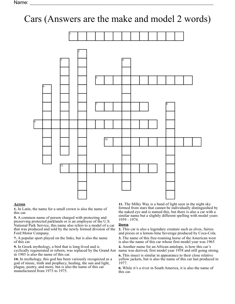 Cars (Answers are the make and model 2 words) Crossword