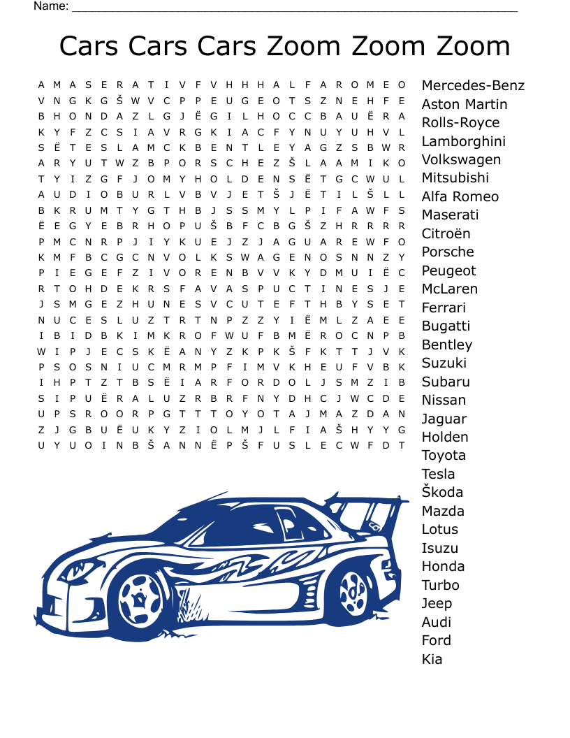 Cars Cars Cars Zoom Zoom Zoom Word Search