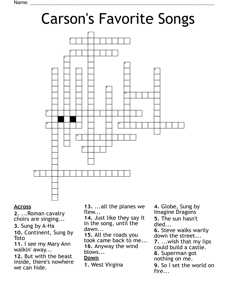 Carson's Favorite Songs Crossword
