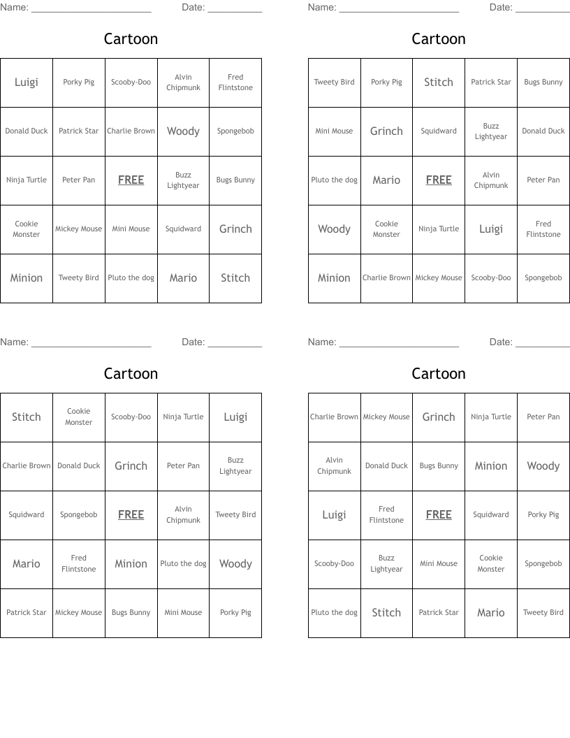 Cartoon Bingo Cards