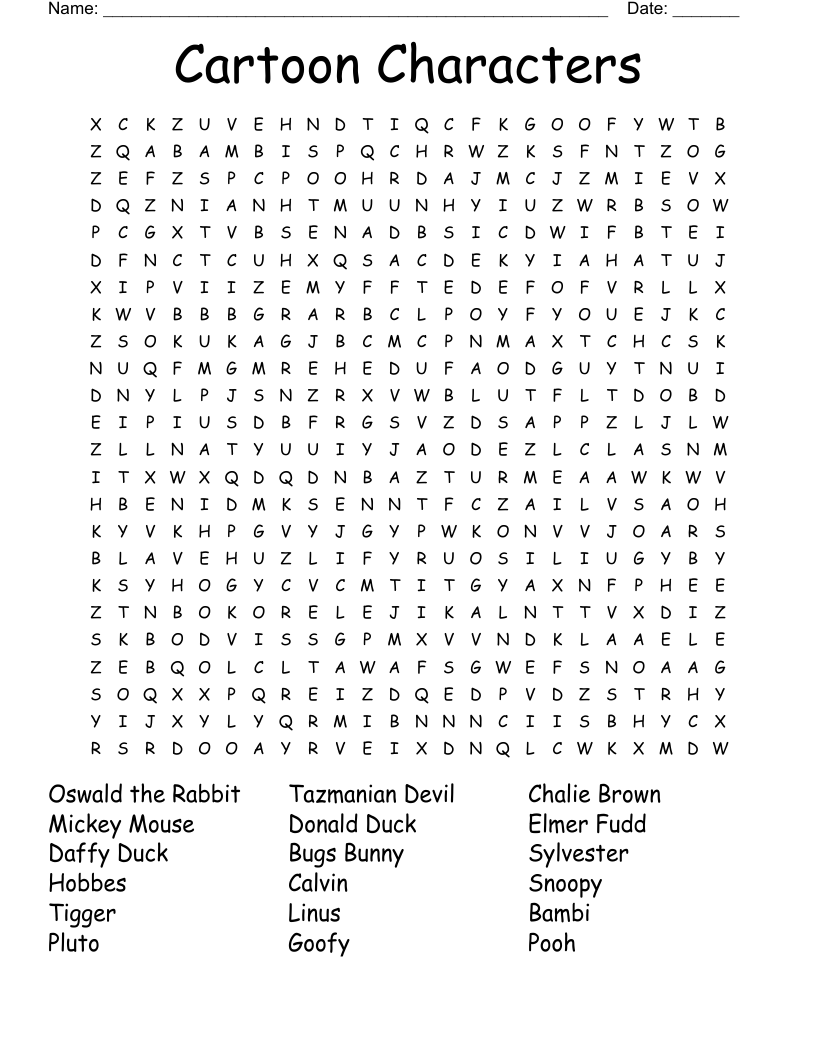 Cartoon Characters Word Search