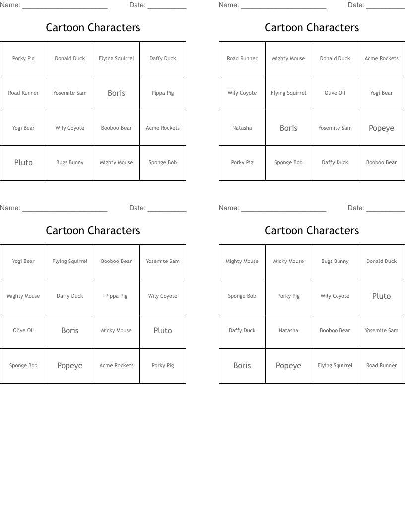 Cartoon Characters Bingo Cards