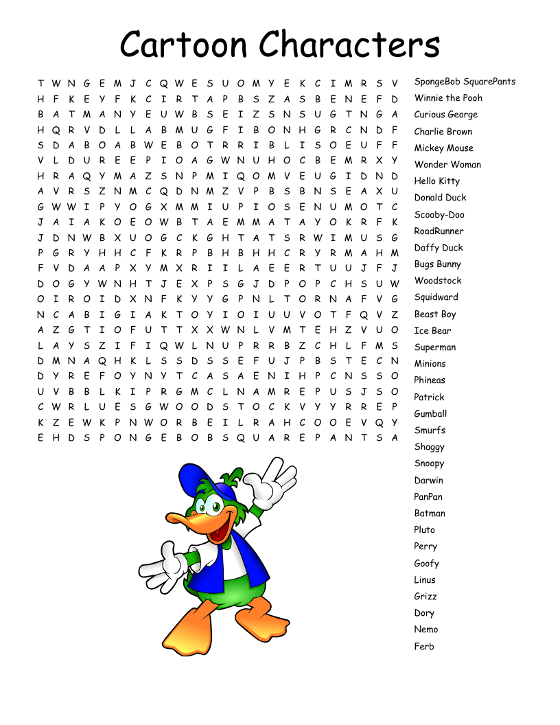 Cartoon Characters Word Search