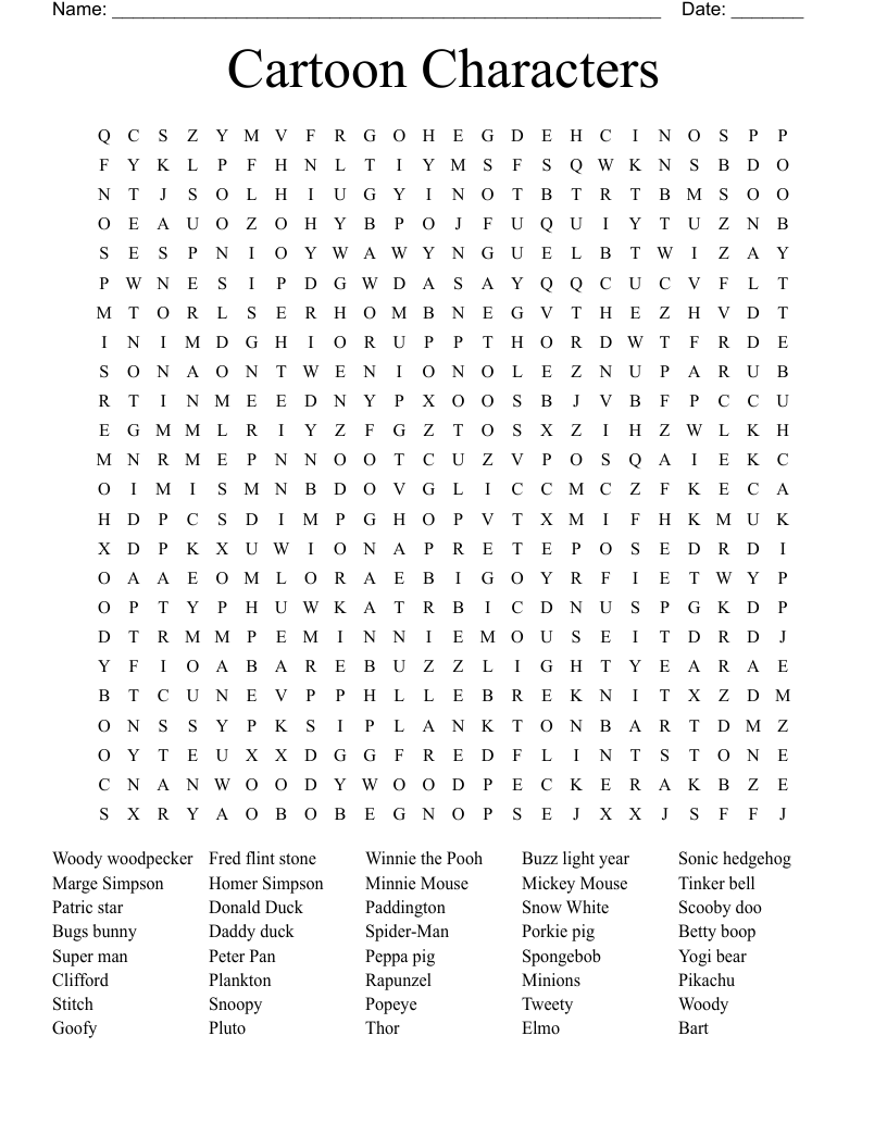 Cartoon Characters  Word Search