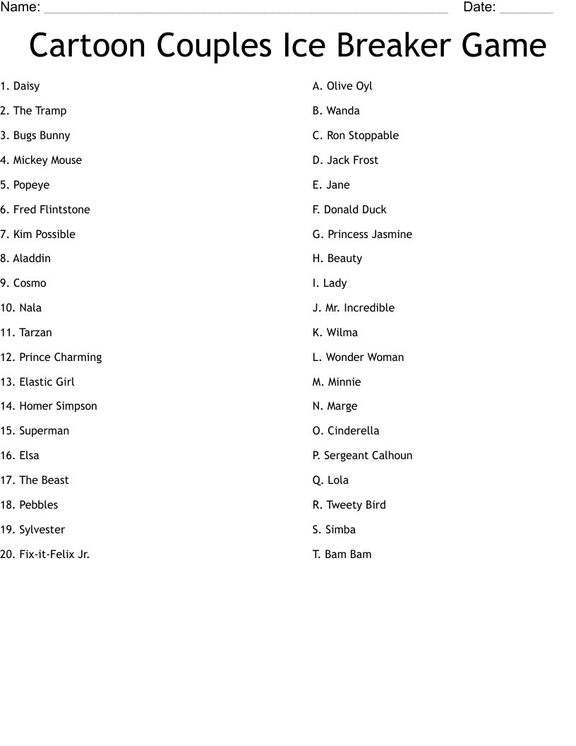 Cartoon Couples Ice Breaker Game Worksheet