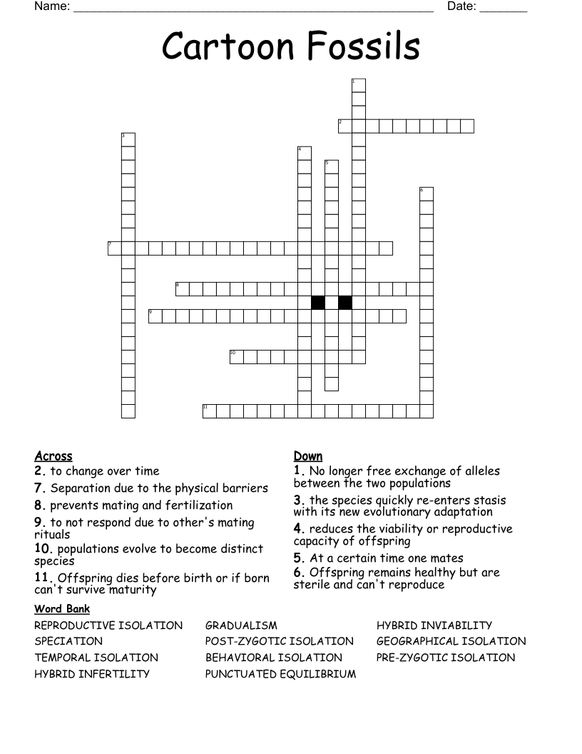 Cartoon Fossils Crossword