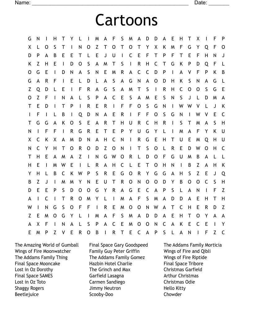 Cartoons Word Search