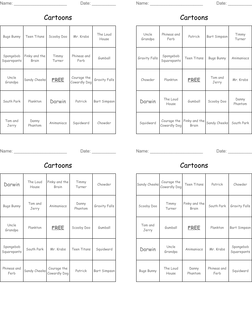 Cartoons Bingo Cards