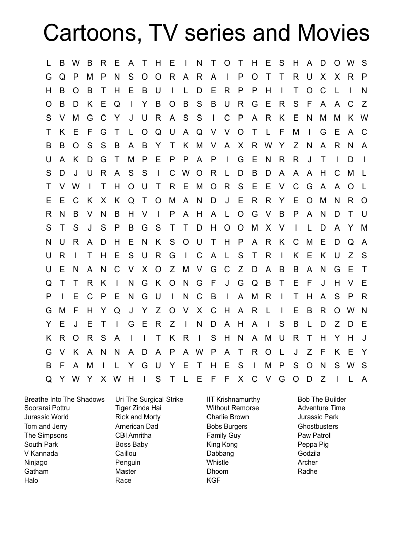 Cartoons, TV series and Movies Word Search