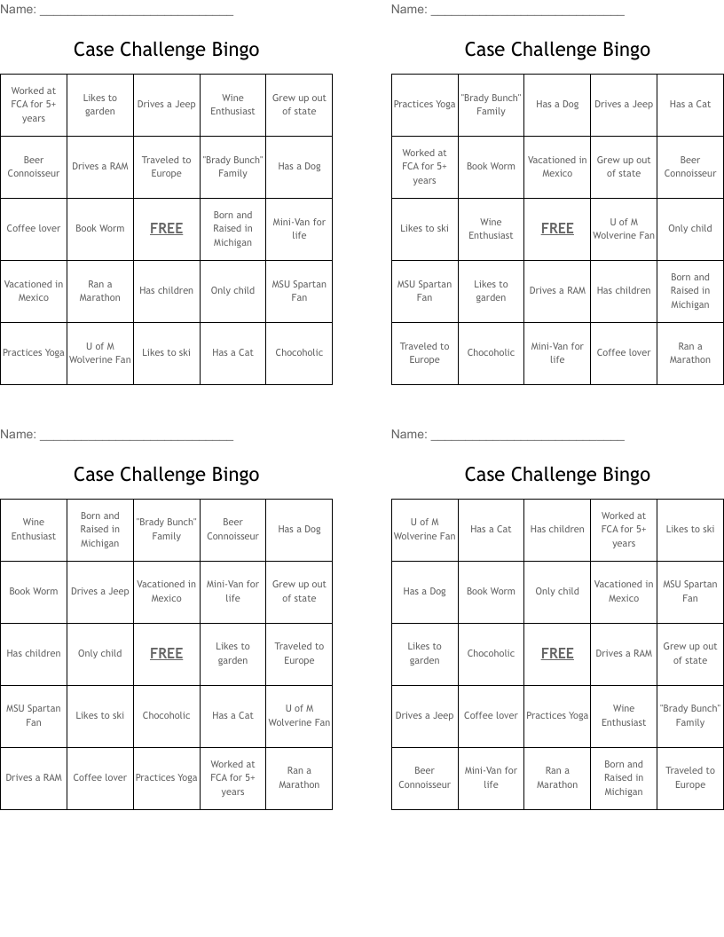 Case Challenge Bingo