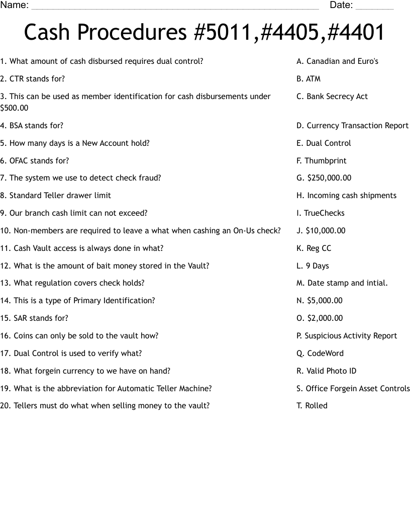 Cash Procedures  #5011,#4405,#4401 Worksheet