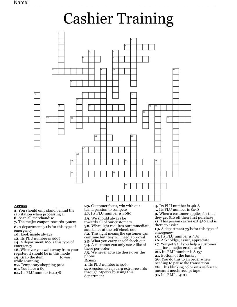 Cashier Training Crossword
