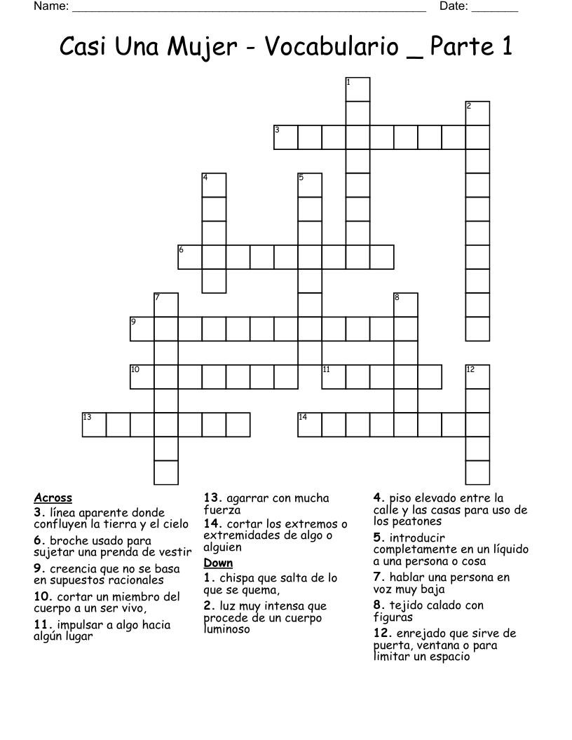 Casi Una Mujer - Vocabulario _ Parte 1 Crossword