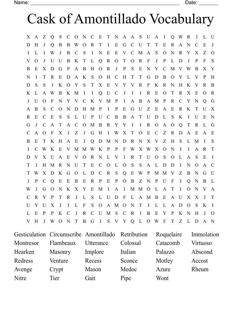 Cask of Amontillado Vocabulary  Word Search