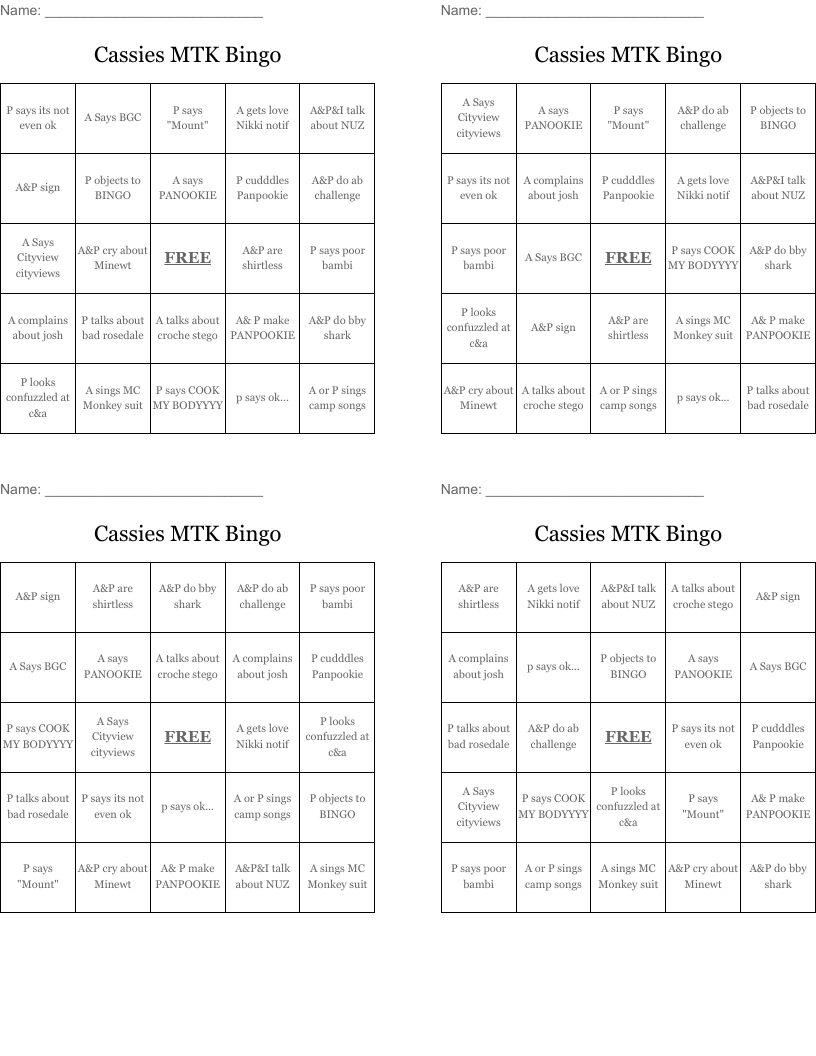 Cassies MTK Bingo