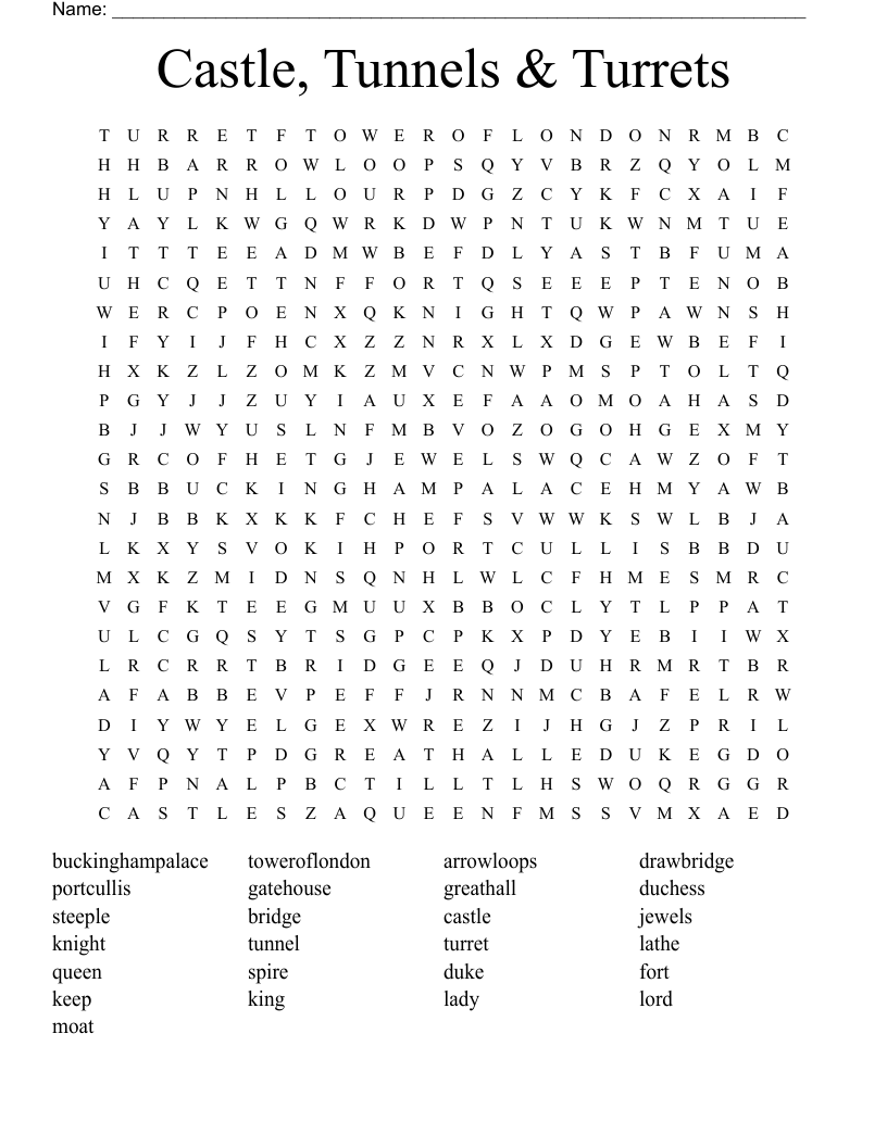 Castle, Tunnels & Turrets Word Search