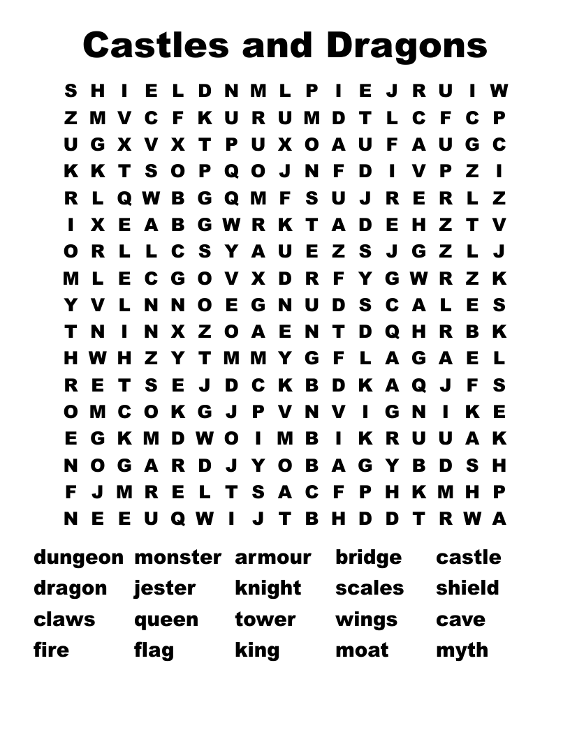 Castles and Dragons Word Search