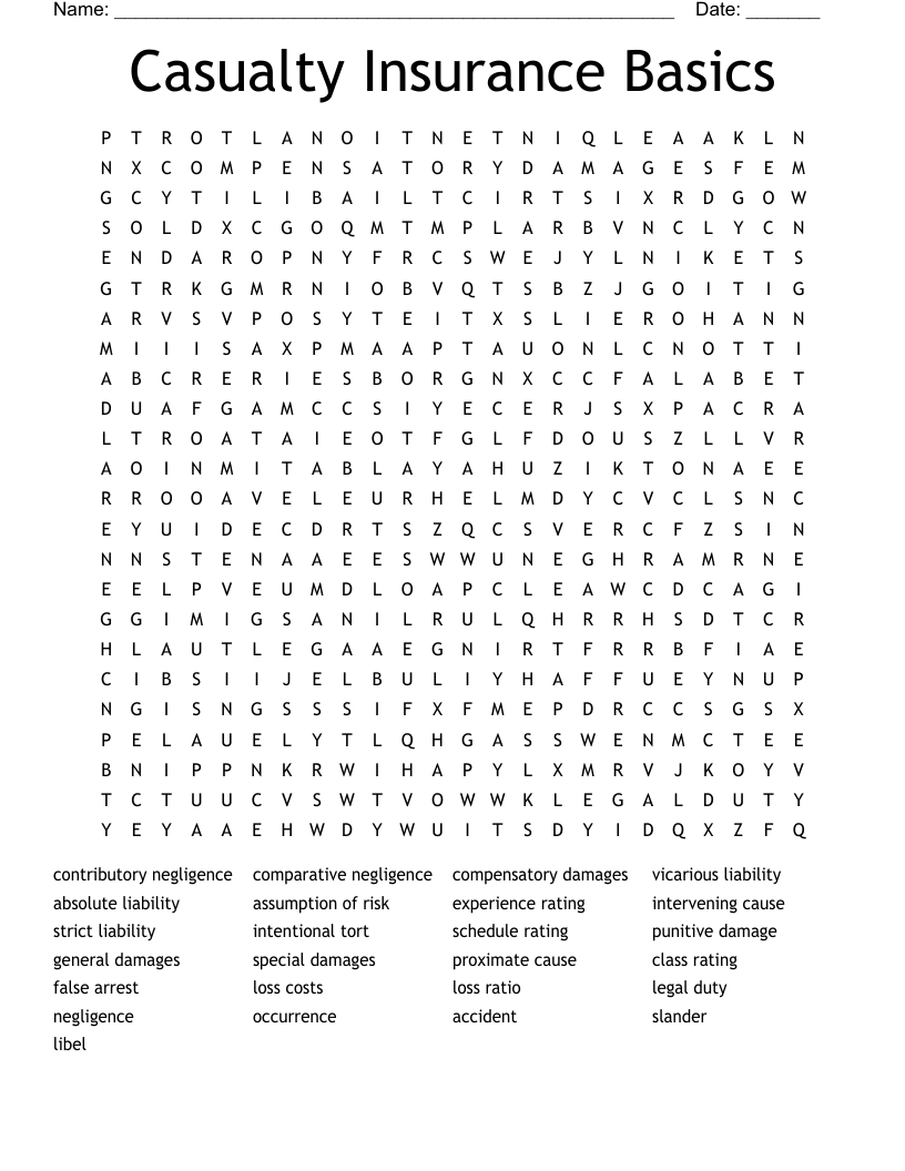 Casualty Insurance Basics Word Search