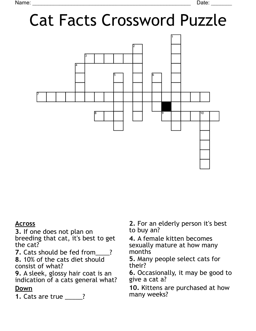 Cat Facts Crossword Puzzle