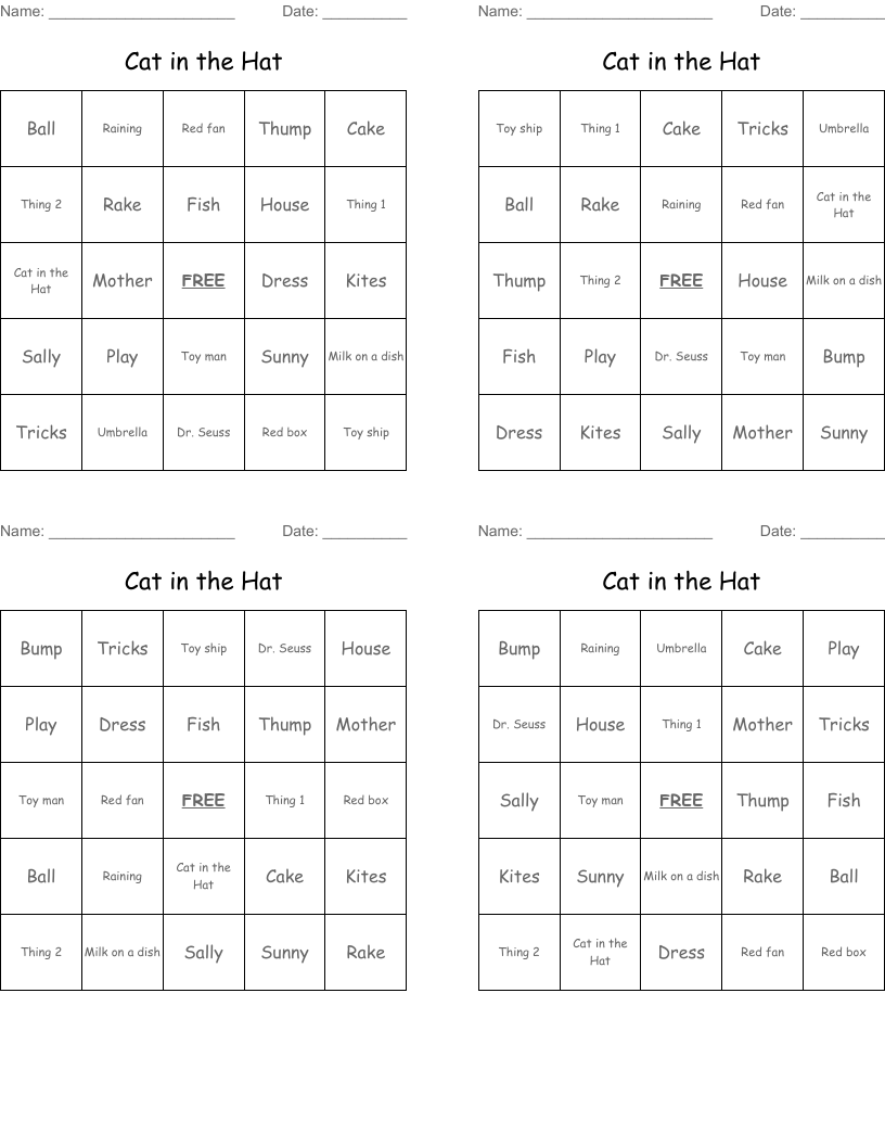 Cat in the Hat Bingo Cards