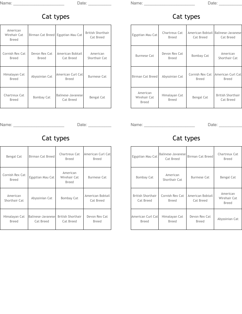 Cat types Bingo Cards