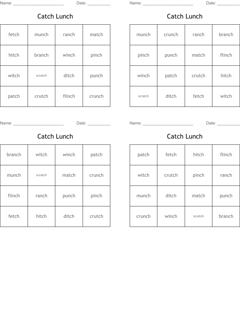 Catch Lunch Bingo Cards