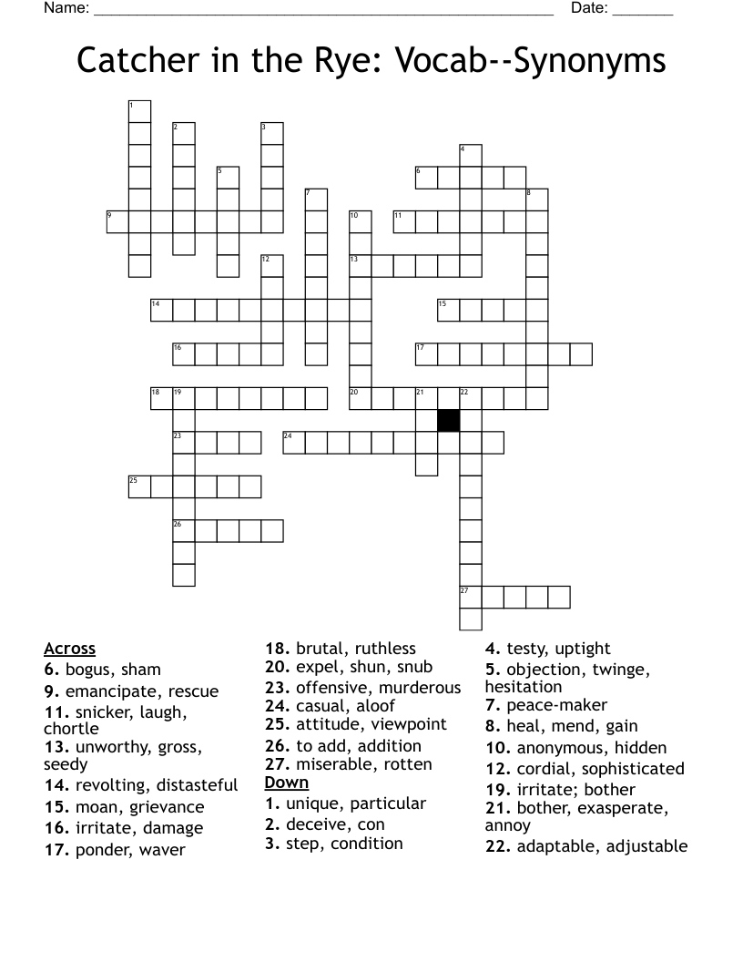 Catcher in the Rye: Vocab--Synonyms Crossword