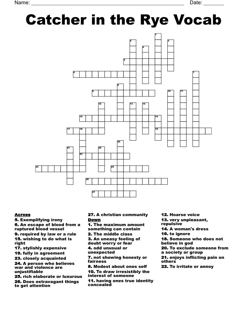 Catcher in the Rye Vocab Crossword