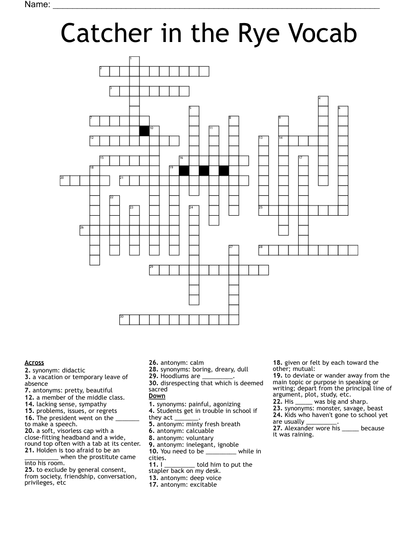 Catcher in the Rye Vocab Crossword