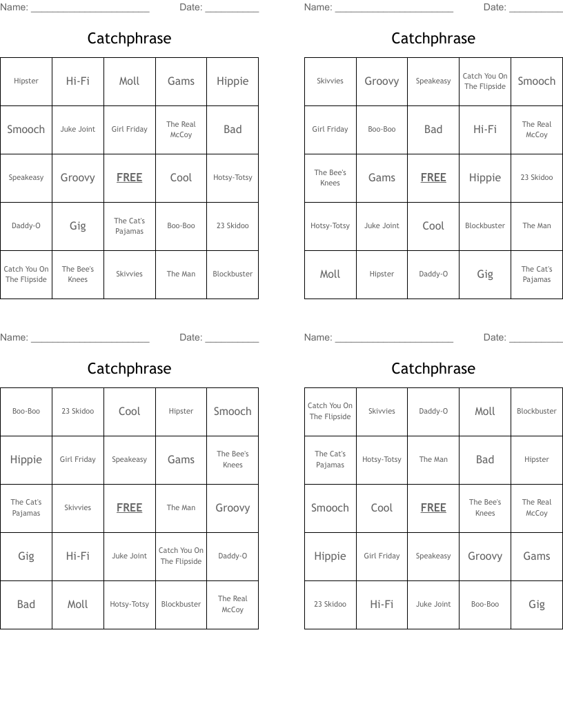 Catchphrase Bingo Cards