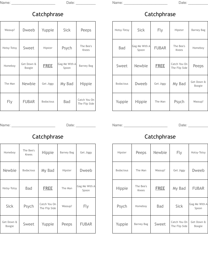 Catchphrase Bingo Cards