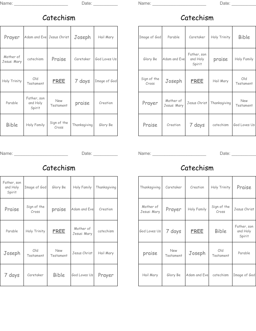 Catechism Bingo Cards