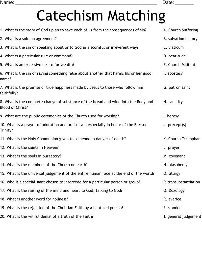 Catechism Matching Worksheet