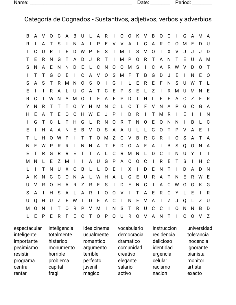 Categoría de Cognados - Sustantivos, adjetivos, verbos y adverbios Word Search