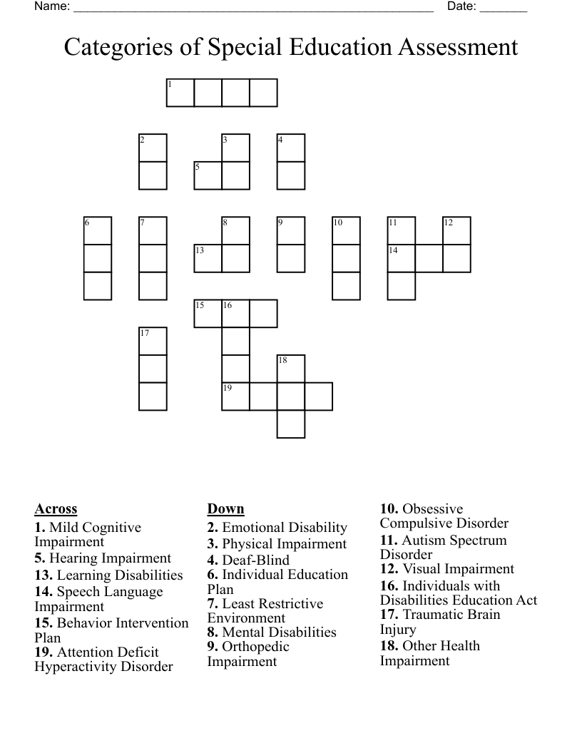 Categories of Special Education Assessment  Crossword