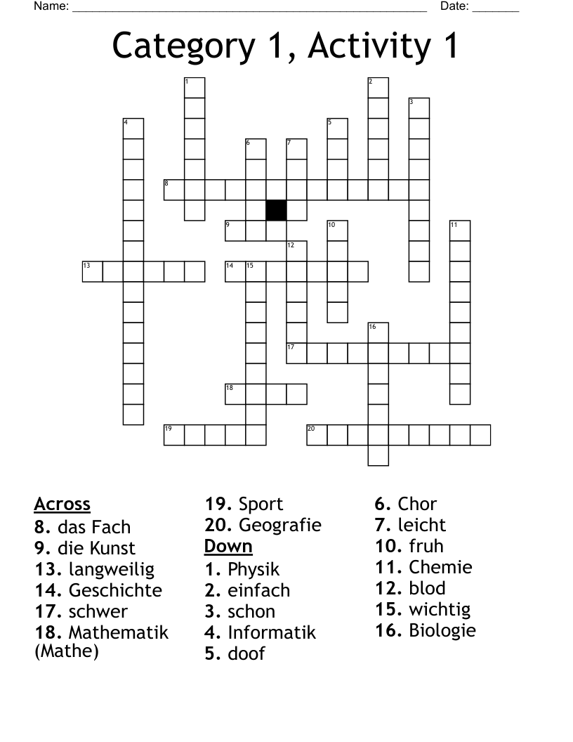 Category 1, Activity 1 Crossword