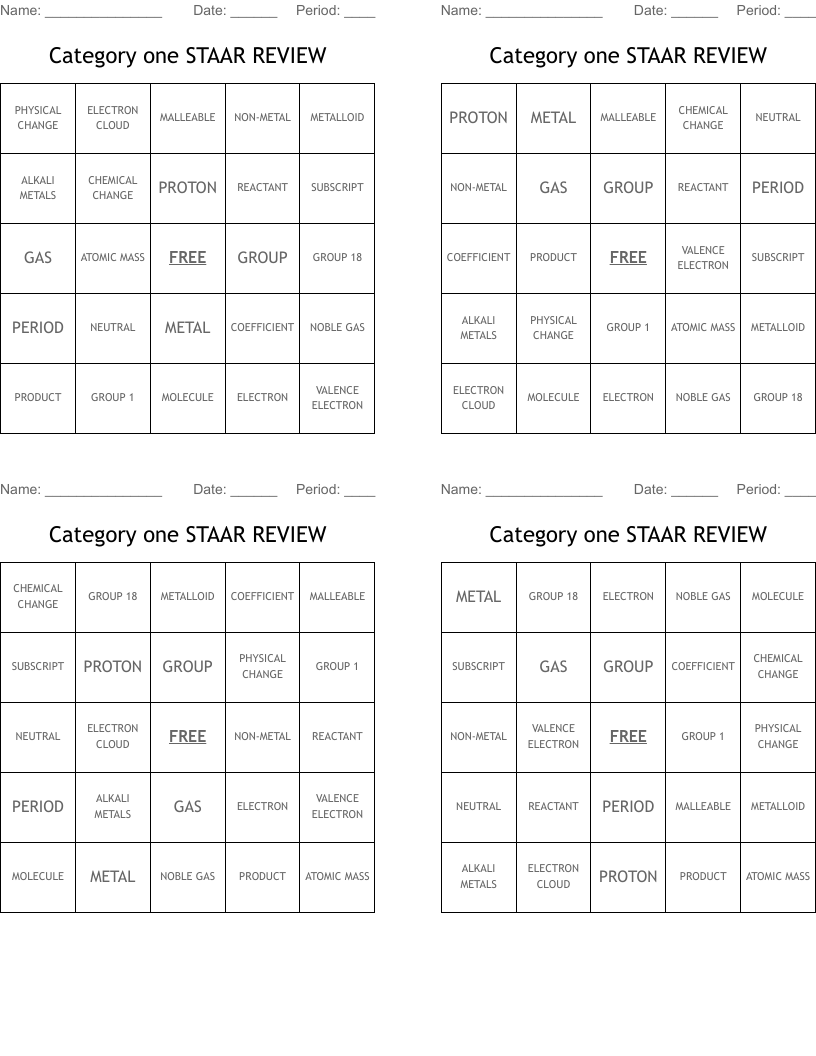 Category one STAAR REVIEW Bingo Cards