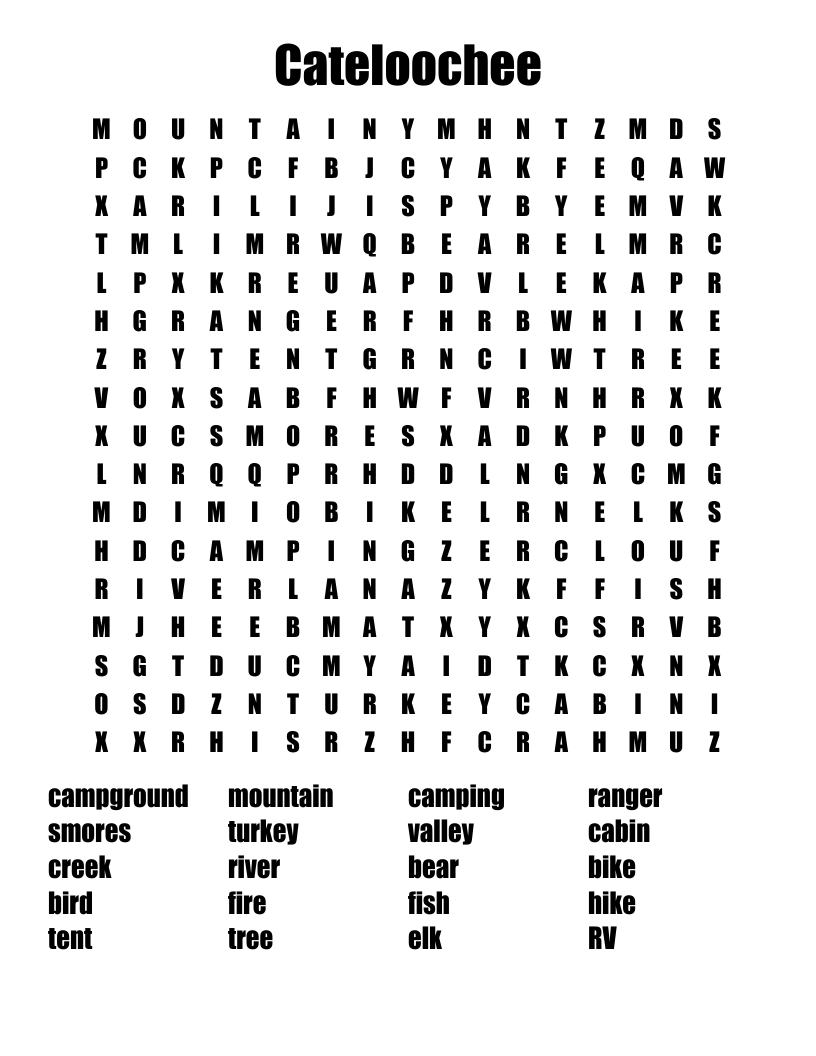 Cateloochee Word Search