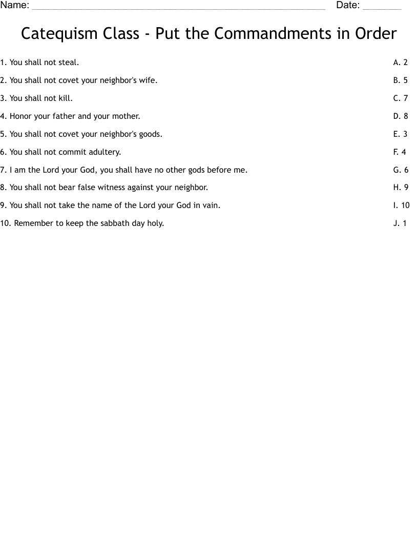 Catequism Class - Put the Commandments in Order Worksheet