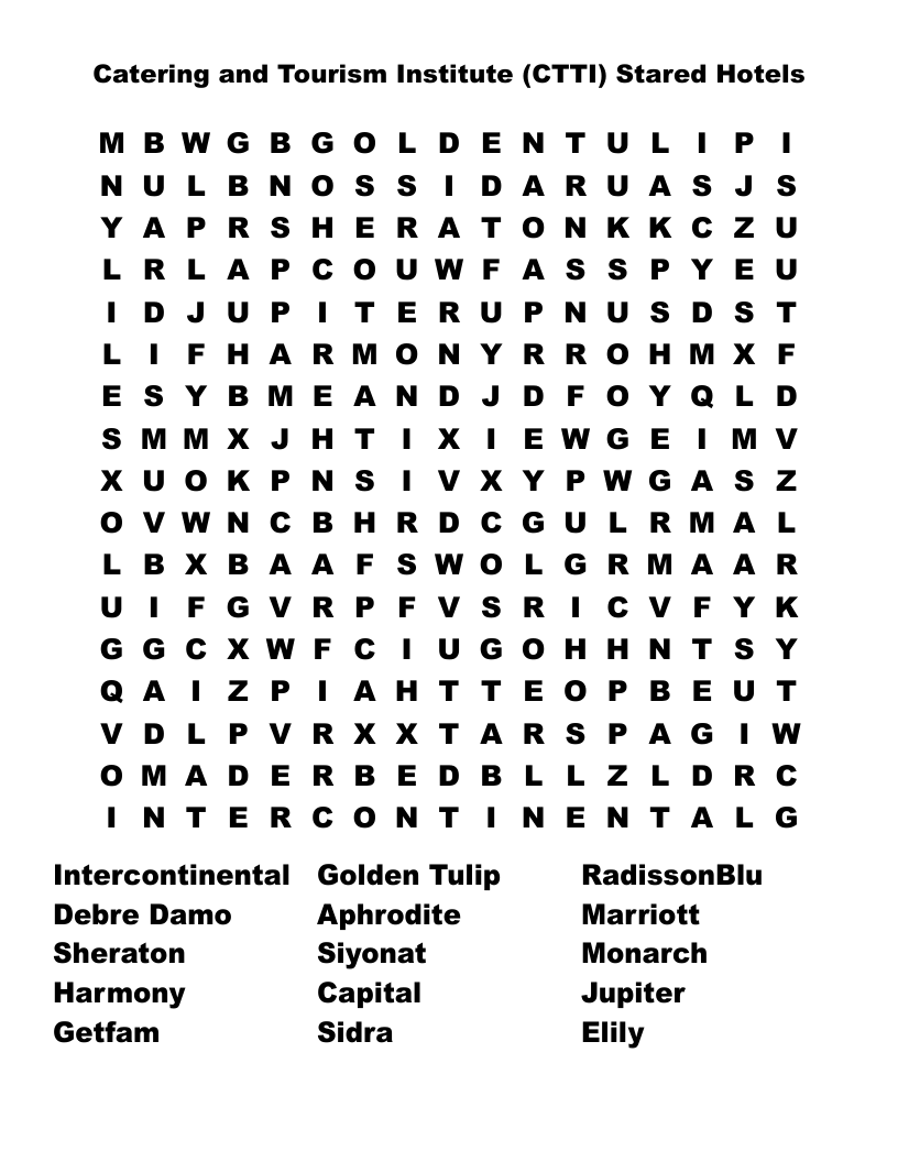 Catering and Tourism Institute (CTTI) Stared Hotels Word Search