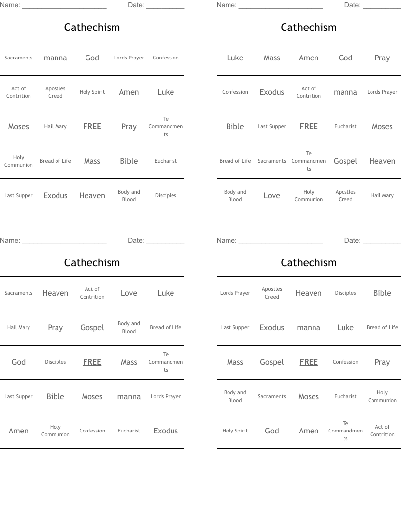 Cathechism Bingo Cards