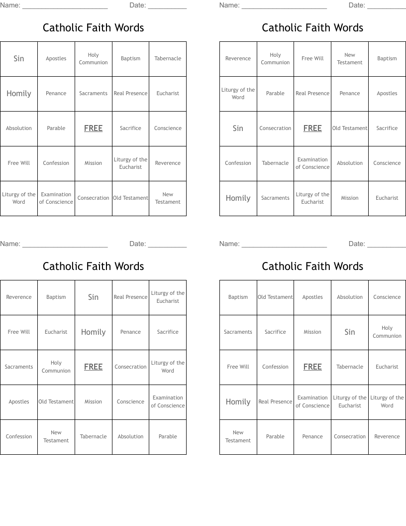 Catholic Faith Words Bingo Cards