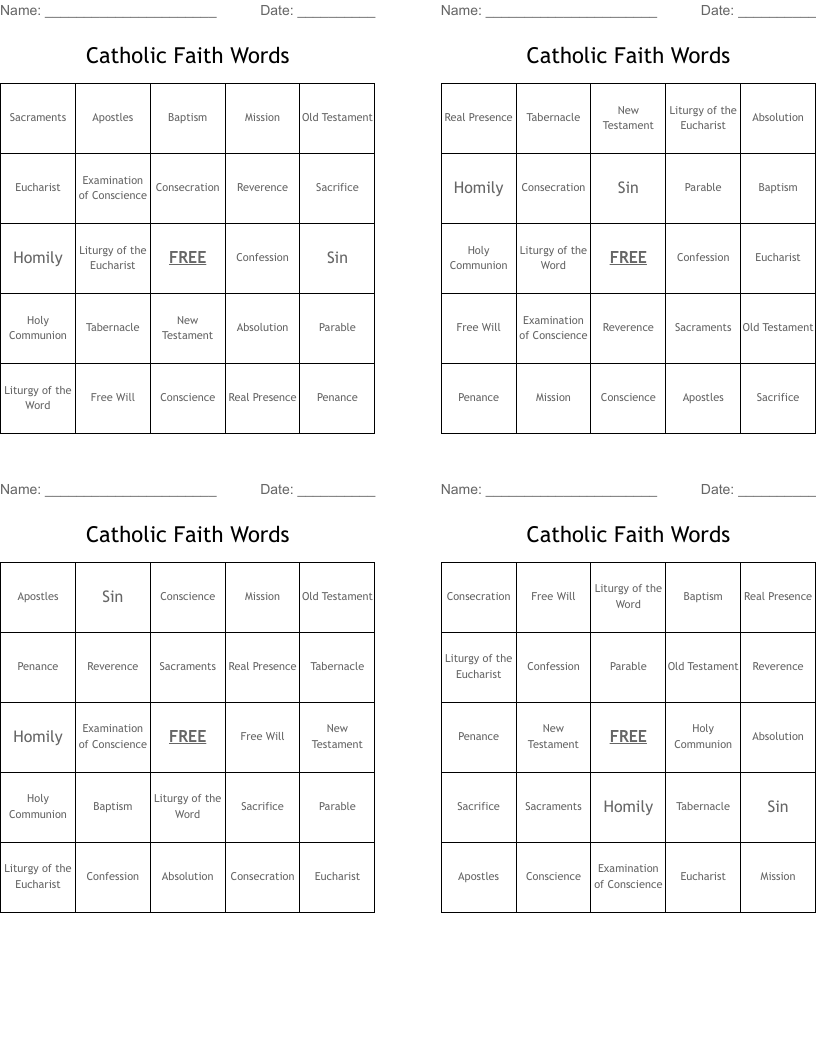 Catholic Faith Words Bingo Cards