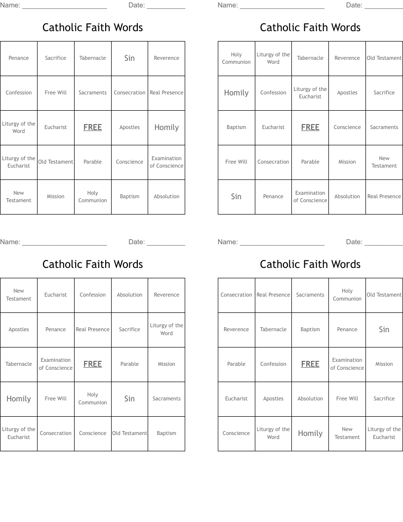 Catholic Faith Words Bingo Cards