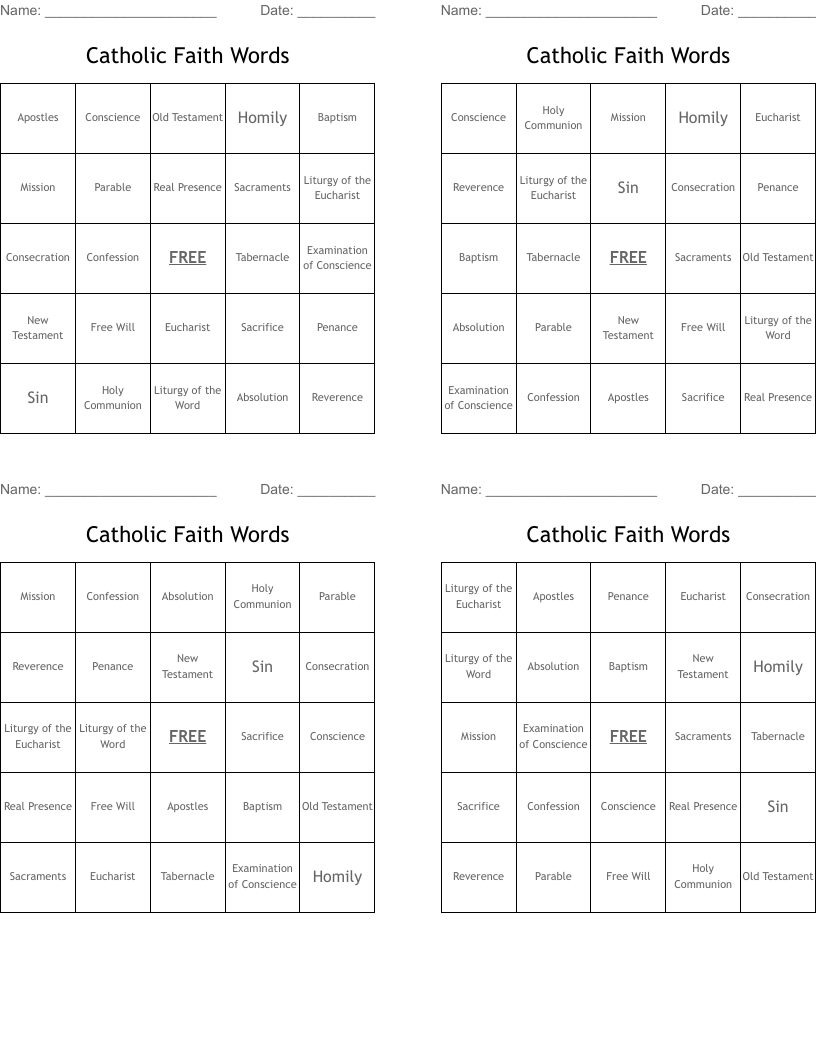 Catholic Faith Words Bingo Cards