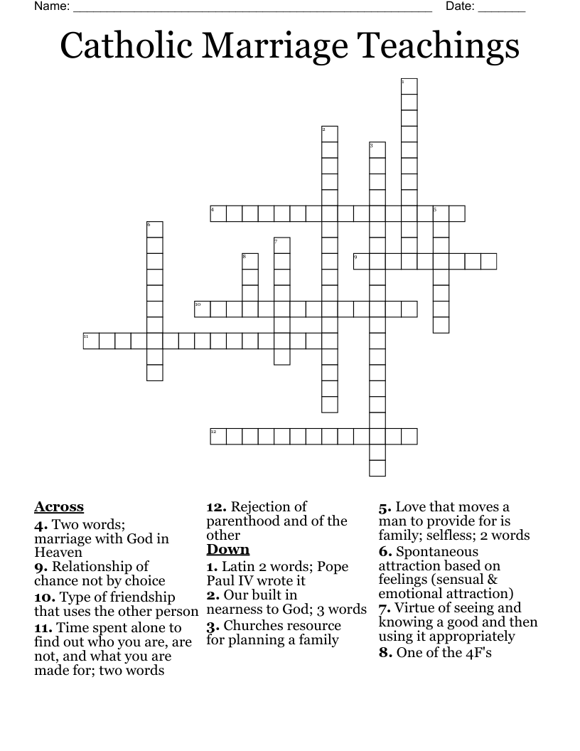 Catholic Marriage Teachings Crossword