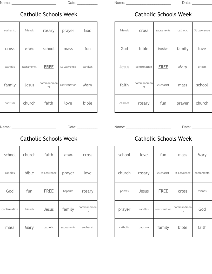 Catholic Schools Week Bingo Cards