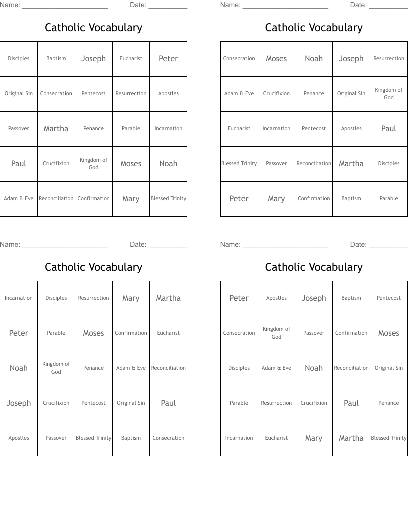 Catholic Vocabulary Bingo Cards